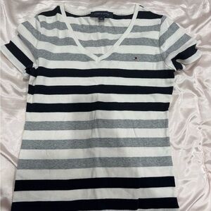 Tommy Hilfiger Short-Sleeve V-Neck Striped Tee in White, Gray & Navy